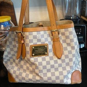 Vintage white blue monogram Louis Vuitton shoulder bag caramel leather